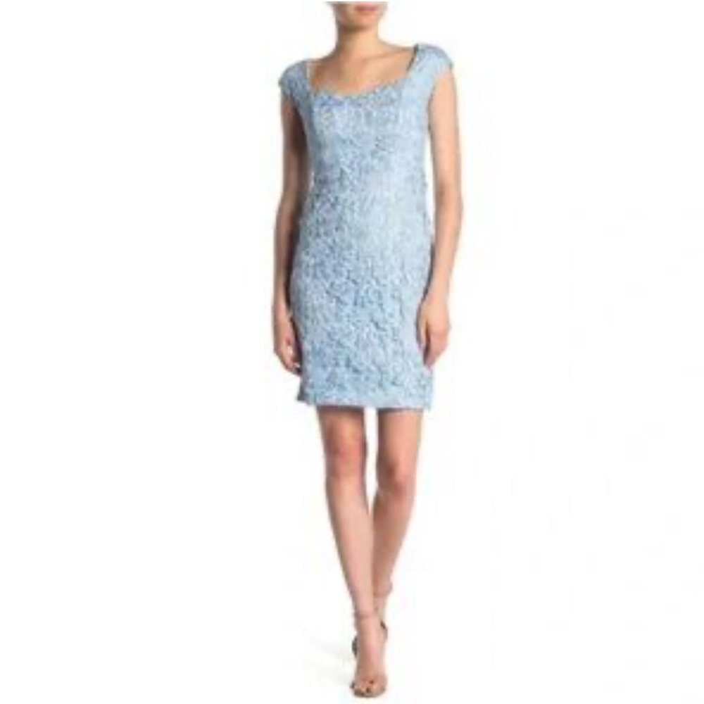 Alexia Admor Blue Lace Dress Women’s 6 Sheath Cap Sleeve Sweetheart Neckline - Picture 2 of 10